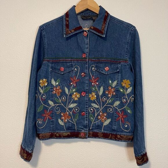 Vintage New Directions Cotton Embroidered Floral Denim Jacket Size Medium - Picture 1 of 12